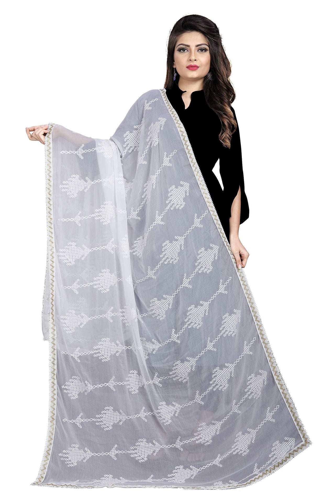 AKSHAR LLC Women's Designer Pure Chiffon Dupatta with Pure Cotton Thread Embroidery Work