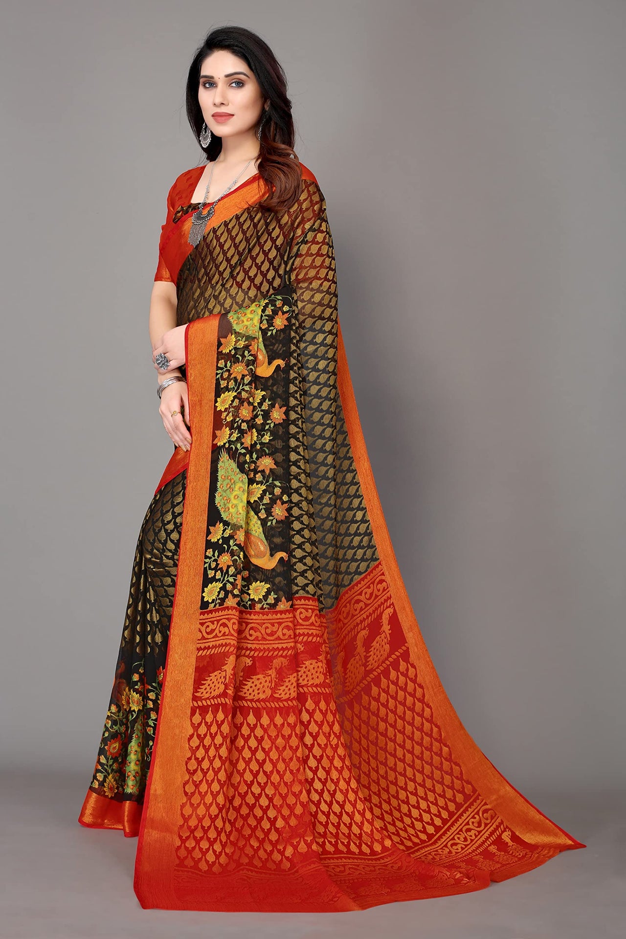 Winza Designer Women's Chiffon Brasso Floral Printed Saree with Blouse Piece
