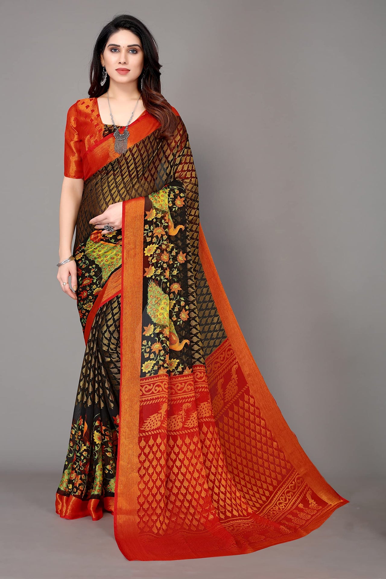 Winza Designer Women's Chiffon Brasso Floral Printed Saree with Blouse Piece