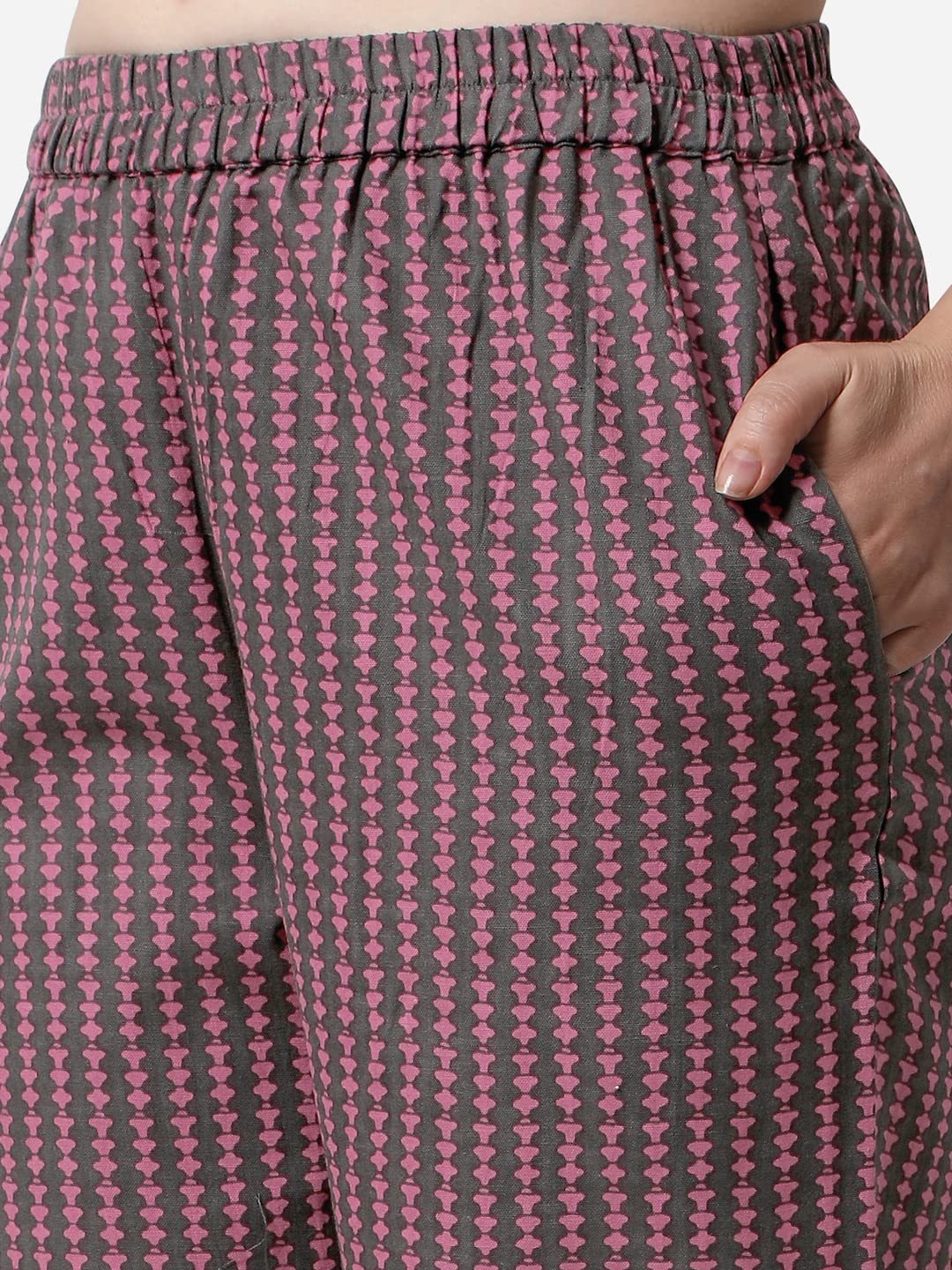 MIRCHI FASHION Women's Cotton Bagru Printed A-Line Kurta Set with Plazzo Pant L Grey, Pink
