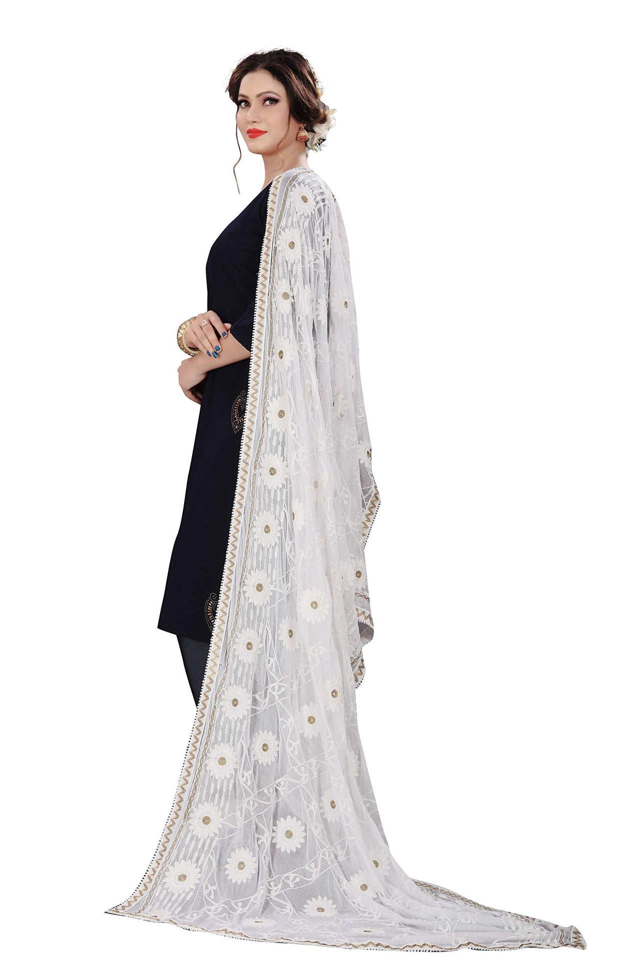 AKSHAR LLC Miss India Women's Chiffon Dupatta With Karachi Embroidery Work