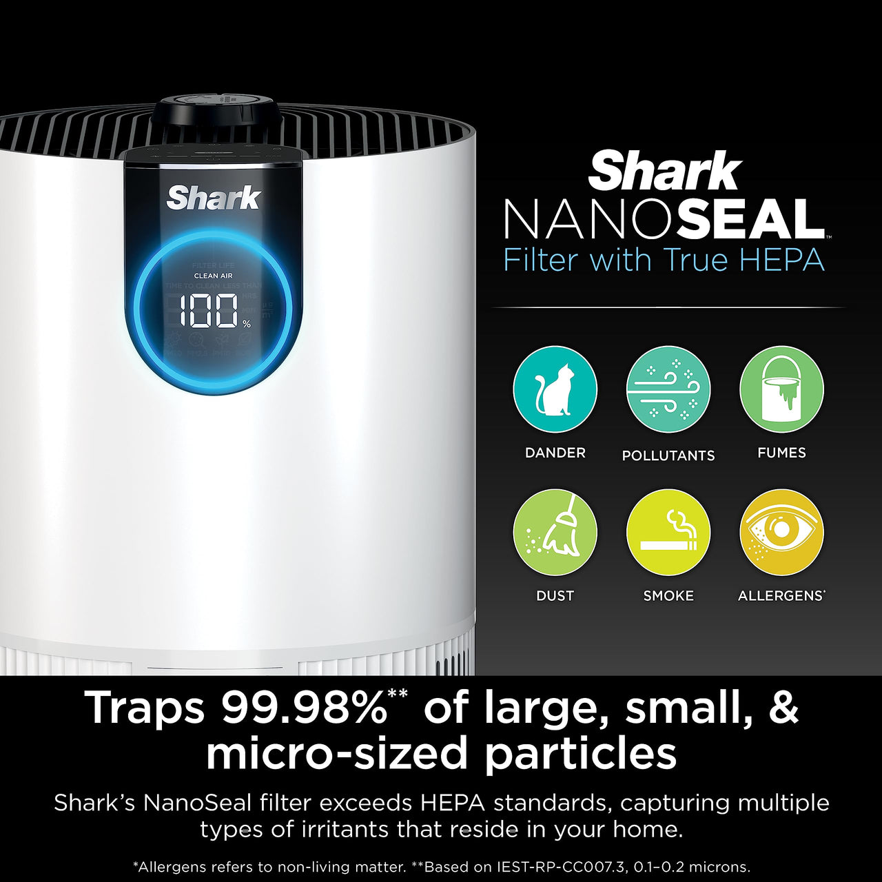Shark Air Purifier for Home, Office, and Bedroom, Clean Sense Technology, HEPA Air Filter, 1200 Sq Ft, Captures 99.98% of Particles, Pet Dander, Pollutants, Dust, Smoke, Allergens & Smells, HP202 Black 1200 Sq. Ft.