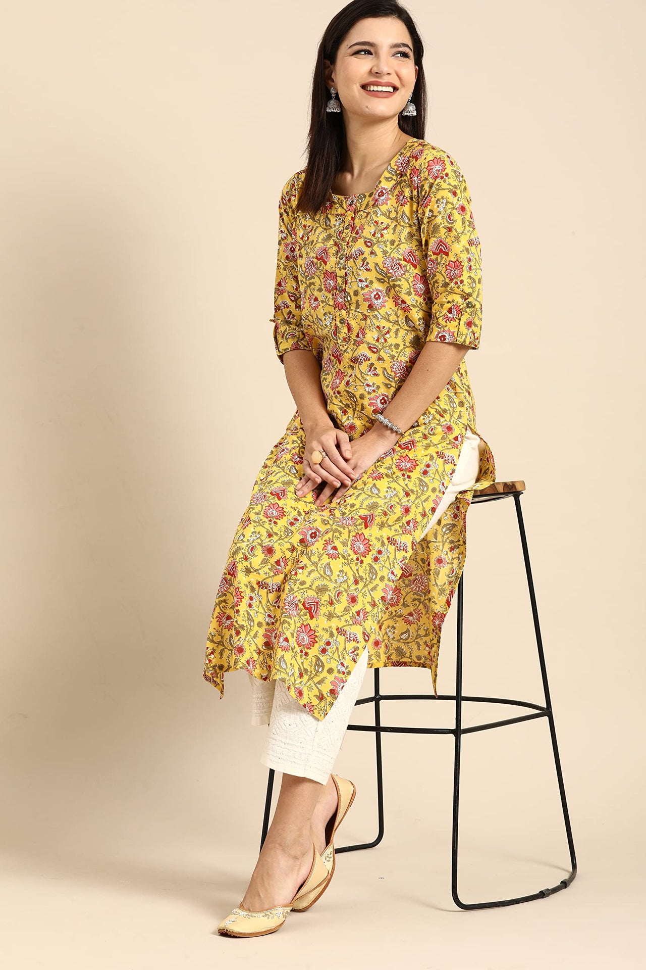 Monira Women's Pure Cambric Cotton Kalamkari Floral Print Straight Kurti