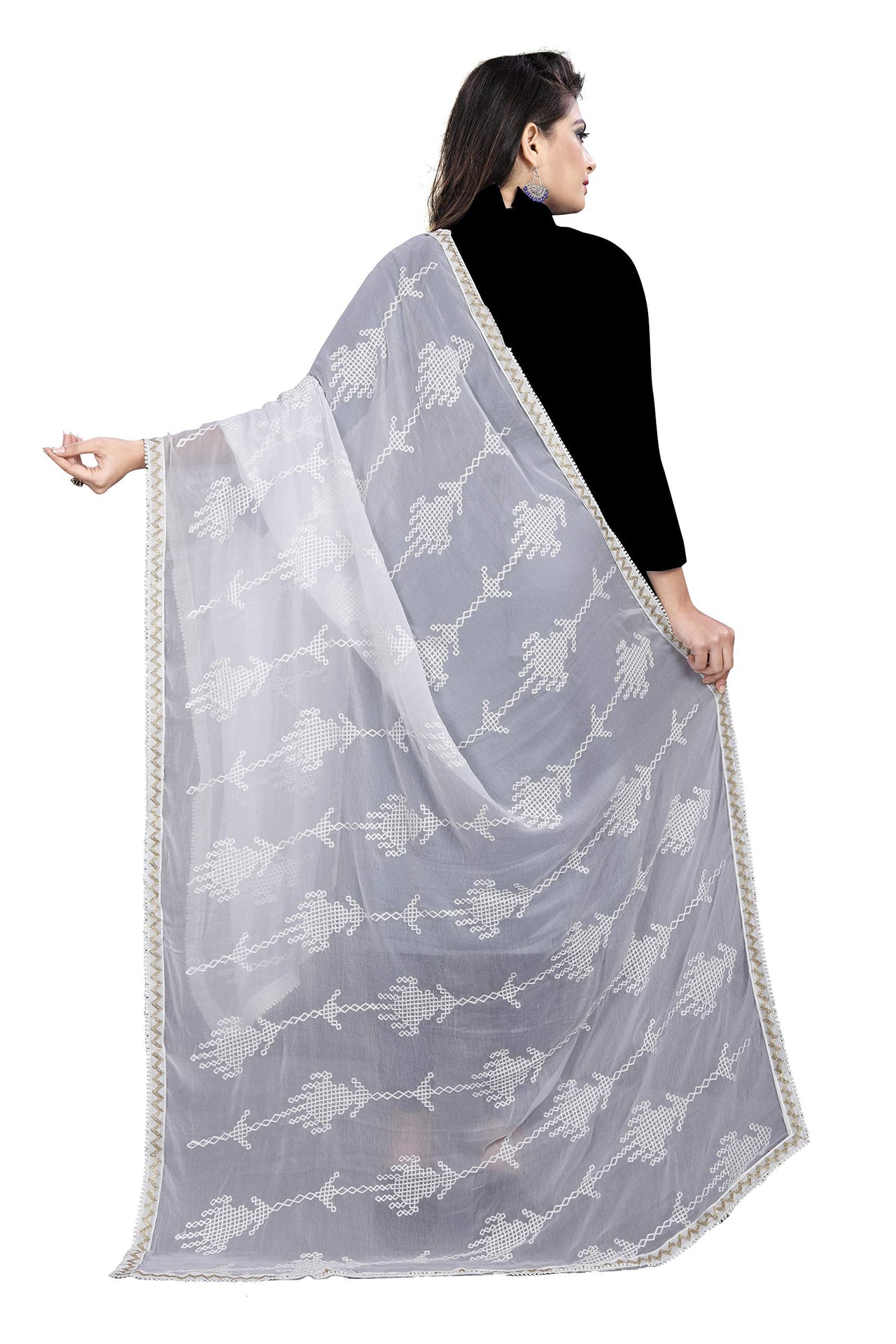 AKSHAR LLC Women's Designer Pure Chiffon Dupatta with Pure Cotton Thread Embroidery Work
