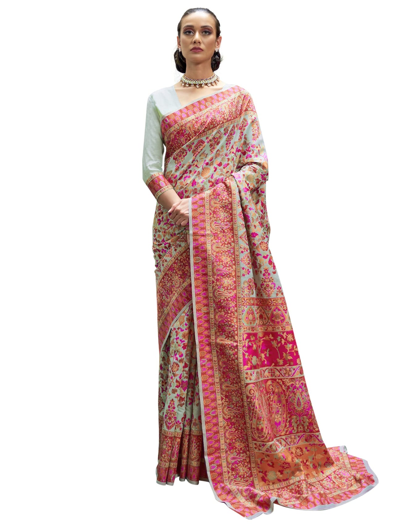 AKHILAM Women's Banarasi Cotton Blend Saree With Blouse Piece