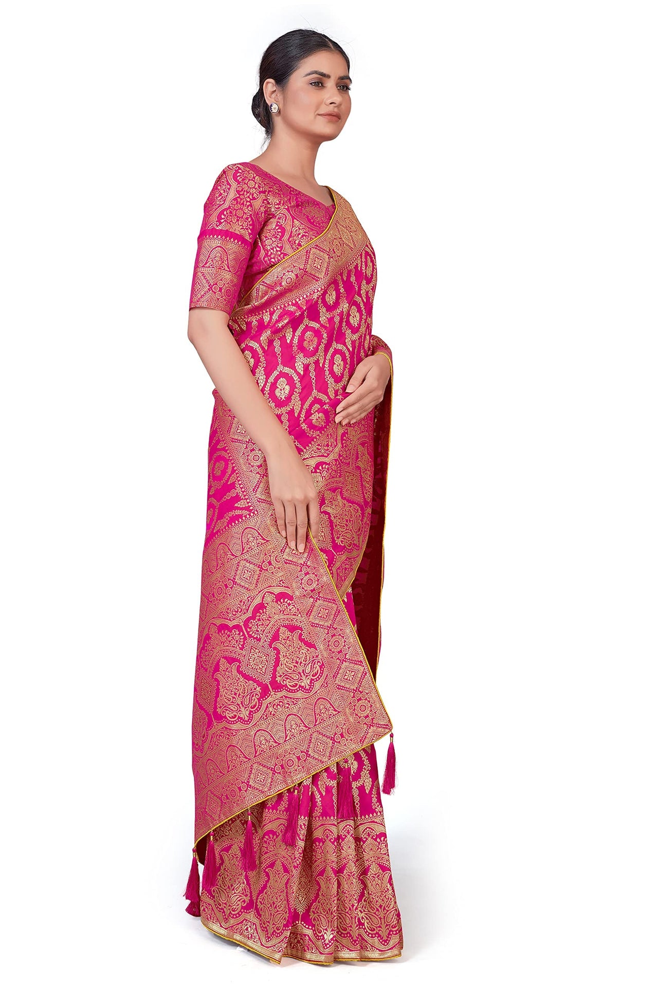 Monjolika Fashion Women's Banarasi Silk Peach Color Golden Zari Woven Saree With Separate Embellished And Unsttiched Blouse Piece