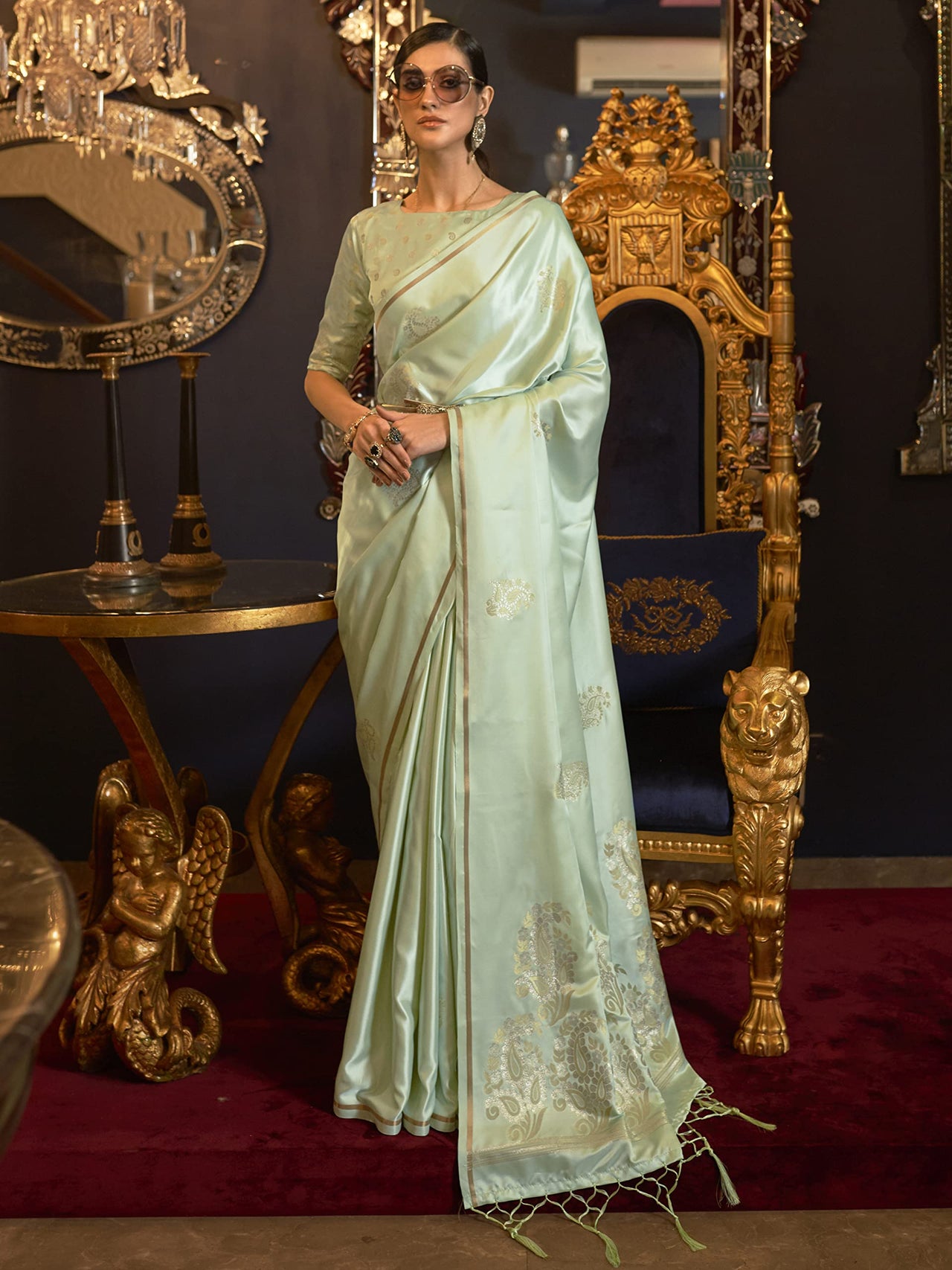 AKHILAM Women's Banarasi Pure Silk Floral Golden Zari Work Woven Design Border Saree with Unstitched Blouse Piece(KSBLE2240_Parent)