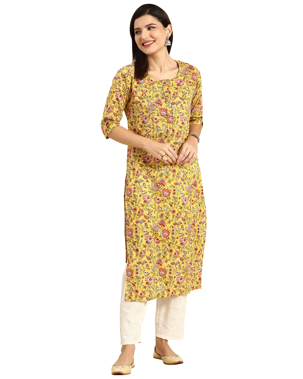 Monira Women's Pure Cambric Cotton Kalamkari Floral Print Straight Kurti
