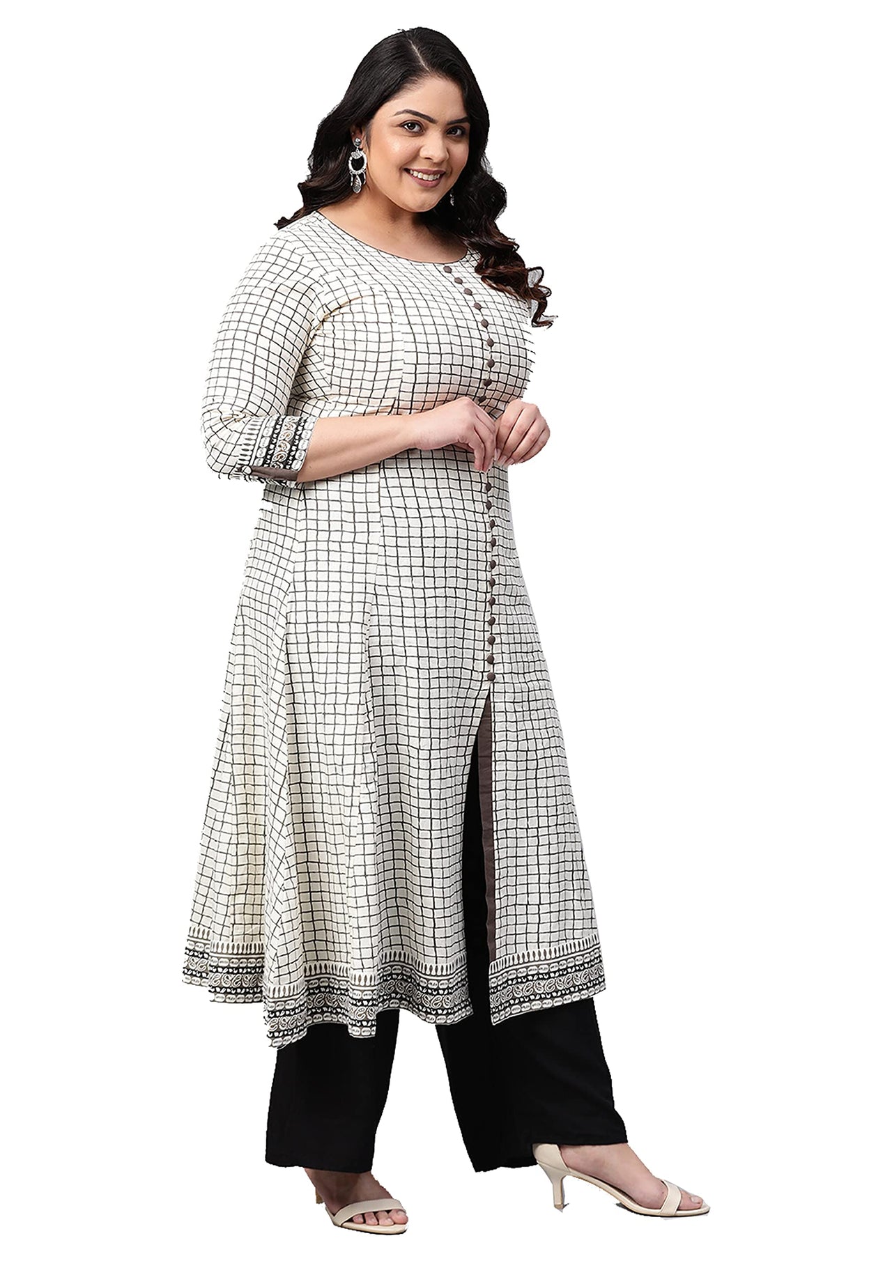 Yash Gallery Women's Plus Size Plus Size Cotton Slub Checks Printed Anarkali Kurta for Women