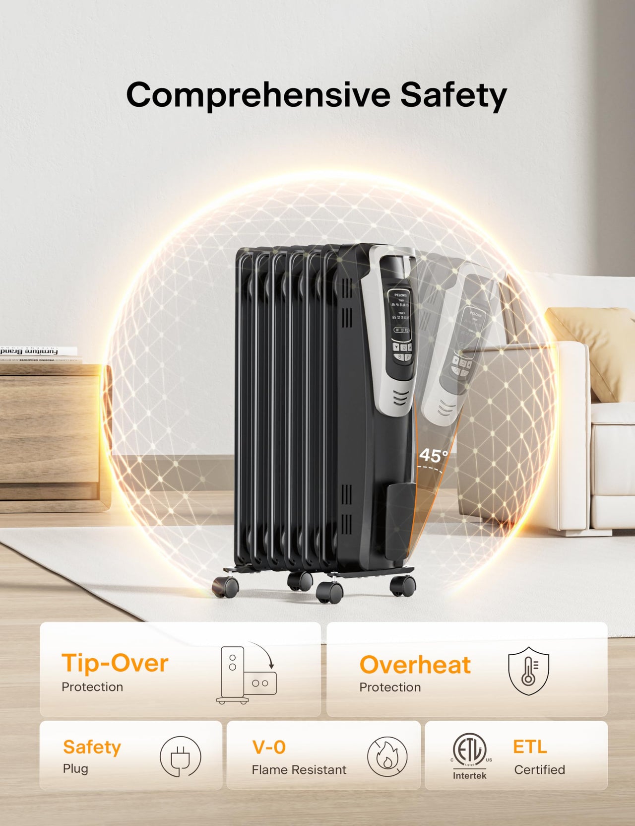 PELONIS Oil Filled Radiator, Electric Space Heater for Indoor Use Large Room with Thermostat & Remote, 3 Modes & 3 Heat Settings, ECO Mode, 24H Timer, Quiet, Overheat & Tip-Over Protection, 1500W Premium with LED Display Black