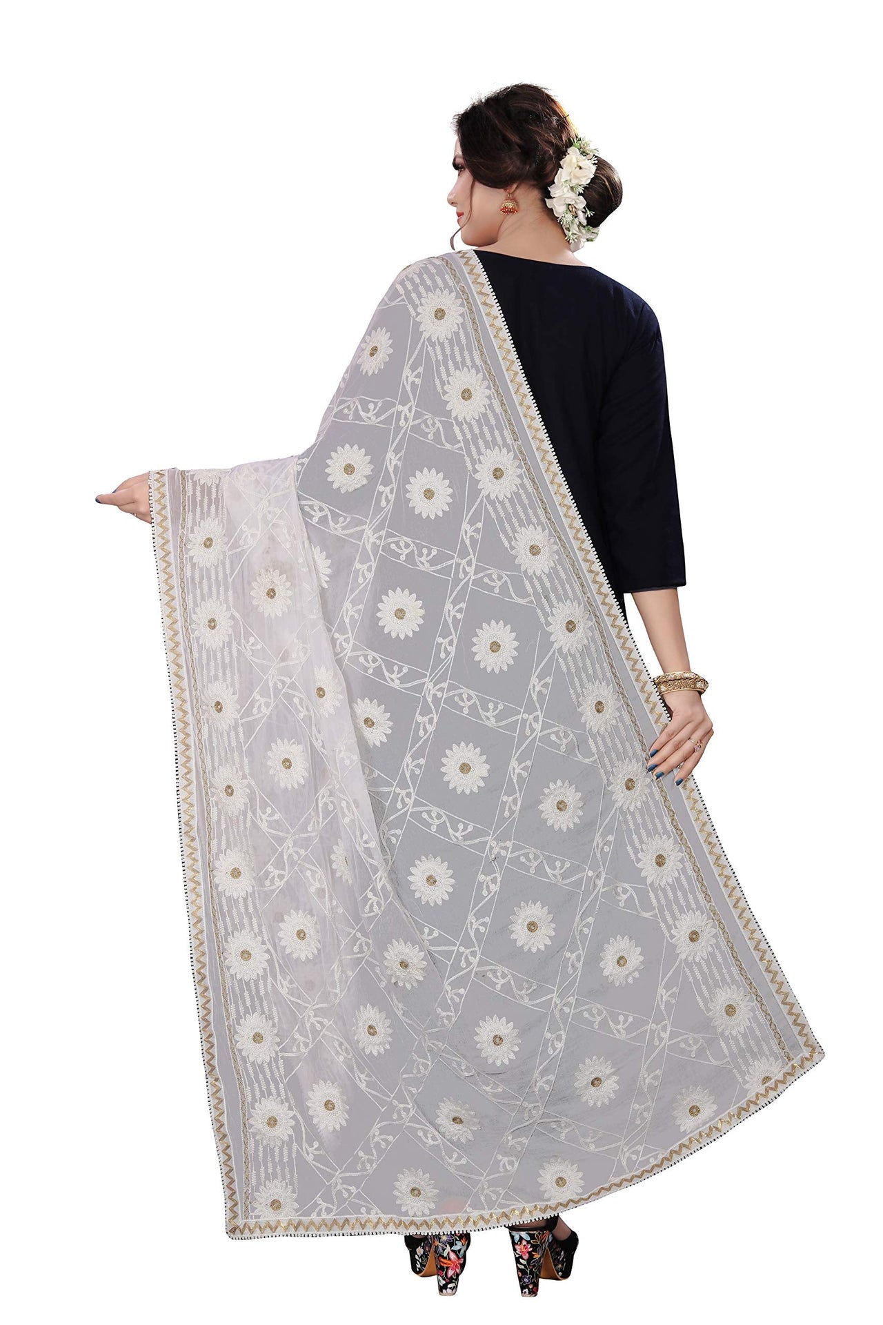 AKSHAR LLC Miss India Women's Chiffon Dupatta With Karachi Embroidery Work
