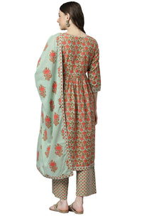 Janasya Women's Light Green Cotton Kurta With Palazzo And Dupatta
