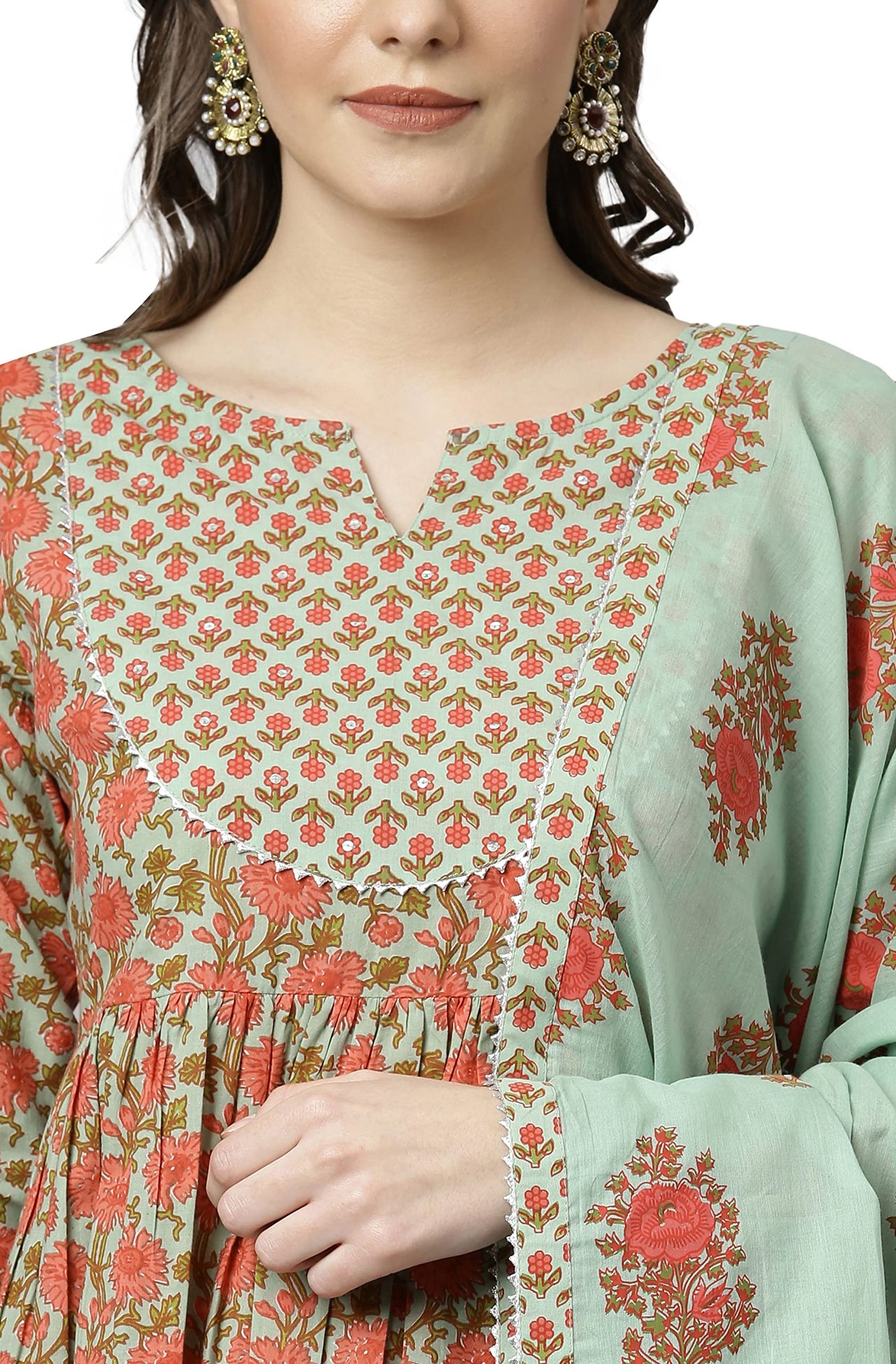 Janasya Women's Light Green Cotton Kurta With Palazzo And Dupatta