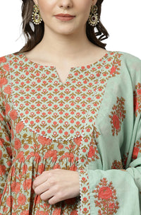 Janasya Women's Light Green Cotton Kurta With Palazzo And Dupatta