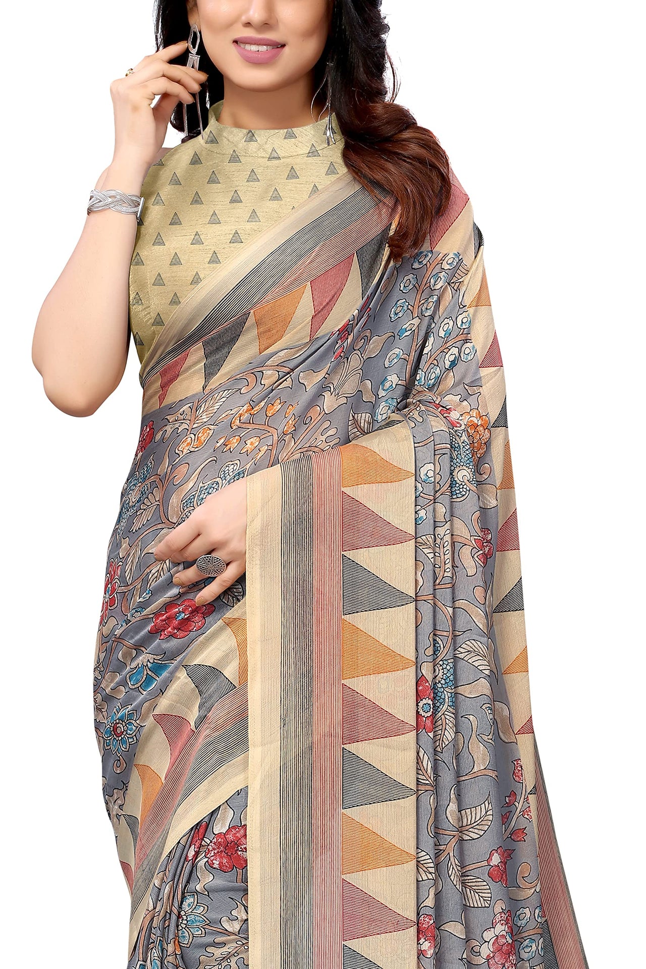 MIRCHI FASHION Women's Stylish Chiffon Floral and Geometric Printed Saree with Blouse Piece