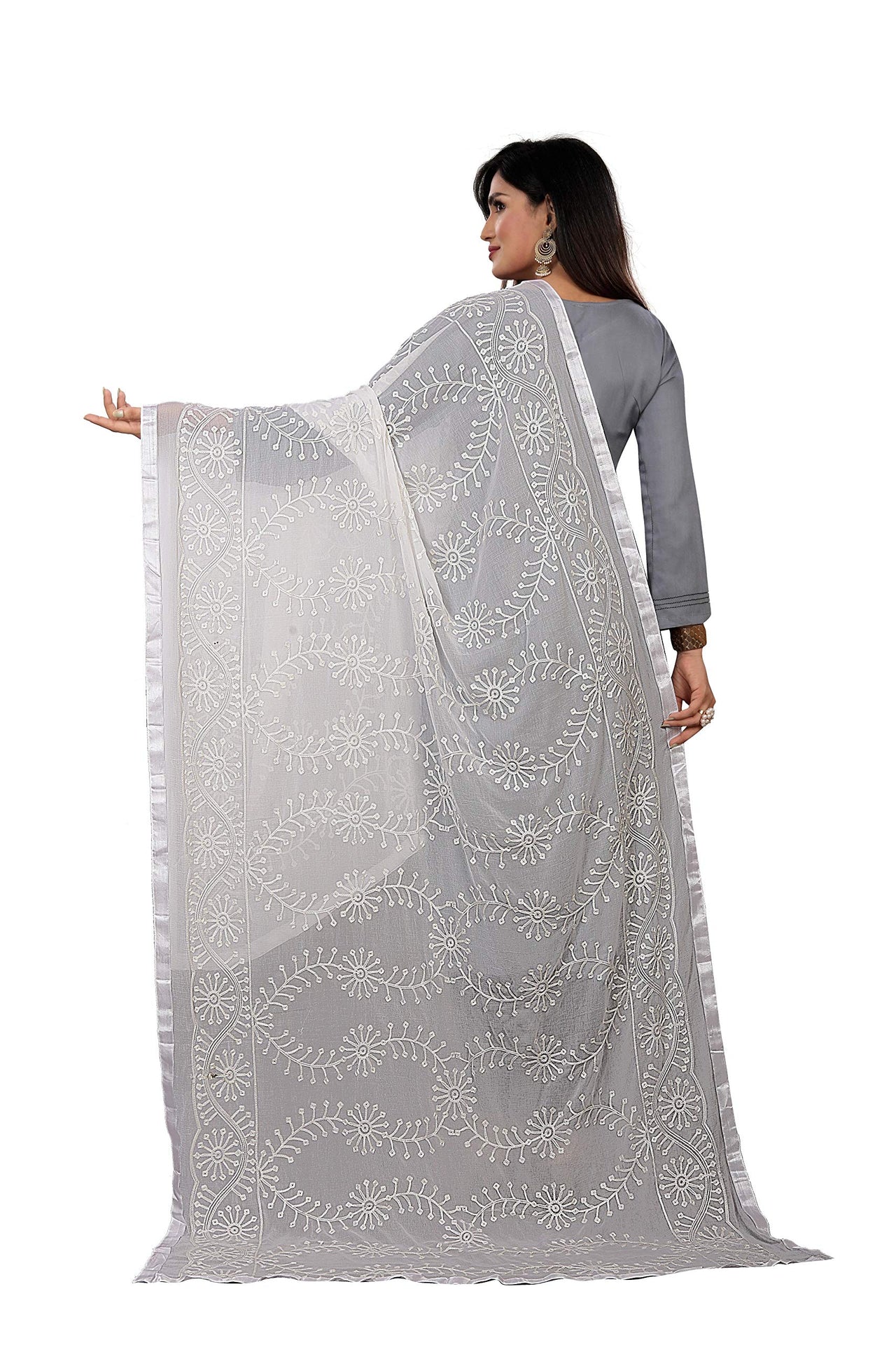 AKSHAR LLC Women's Designer Pure Chiffon Dupatta with Pure Cotton Thread Embroidery Work