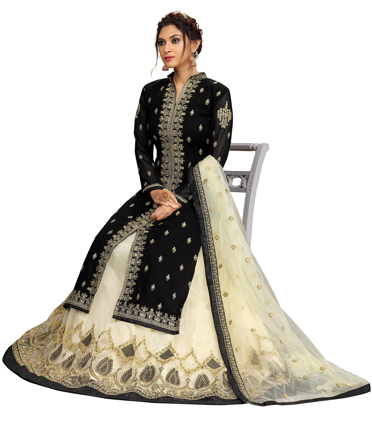 TRENDMALLS Women's Georgette Embroidery Kurta Lehenga Suit Set Stitched