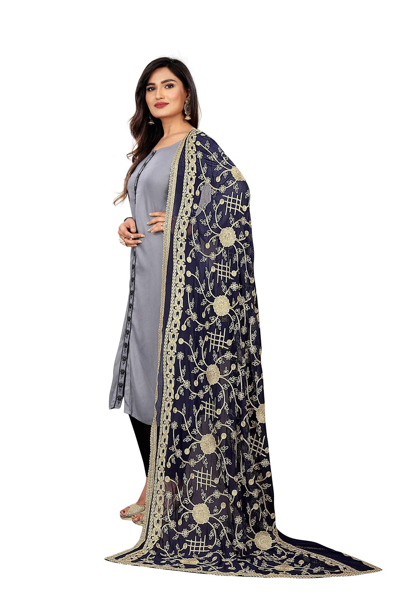 AKSHAR LLC Miss India Women's Chiffon Dupatta With Karachi Embroidery Work