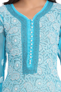 Ada Women's Hand Embroidered Faux Georgette Lucknowi Chikankari Kurti with Slip