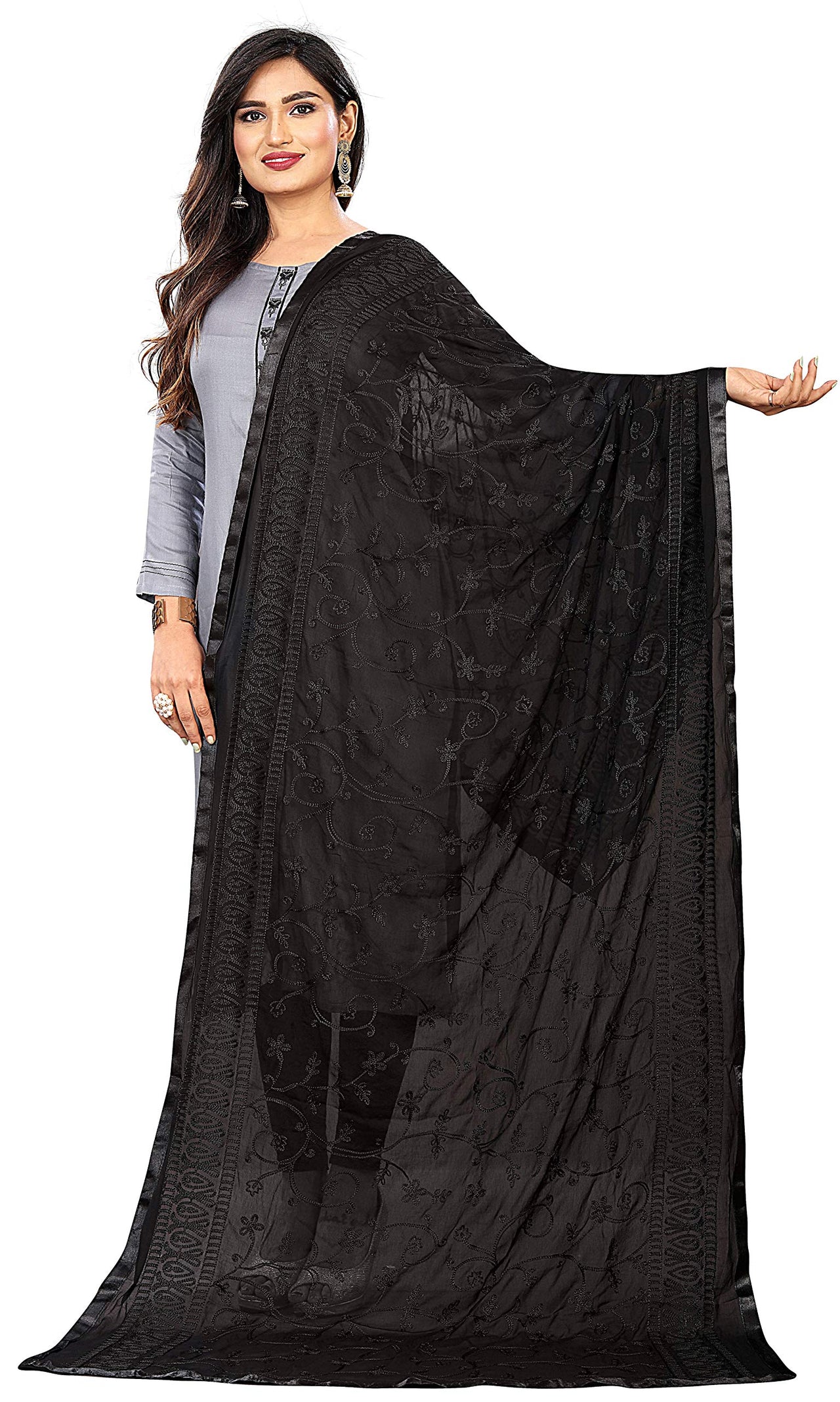 AKSHAR LLC Miss India Women's Chiffon Dupatta With Karachi Embroidery Work