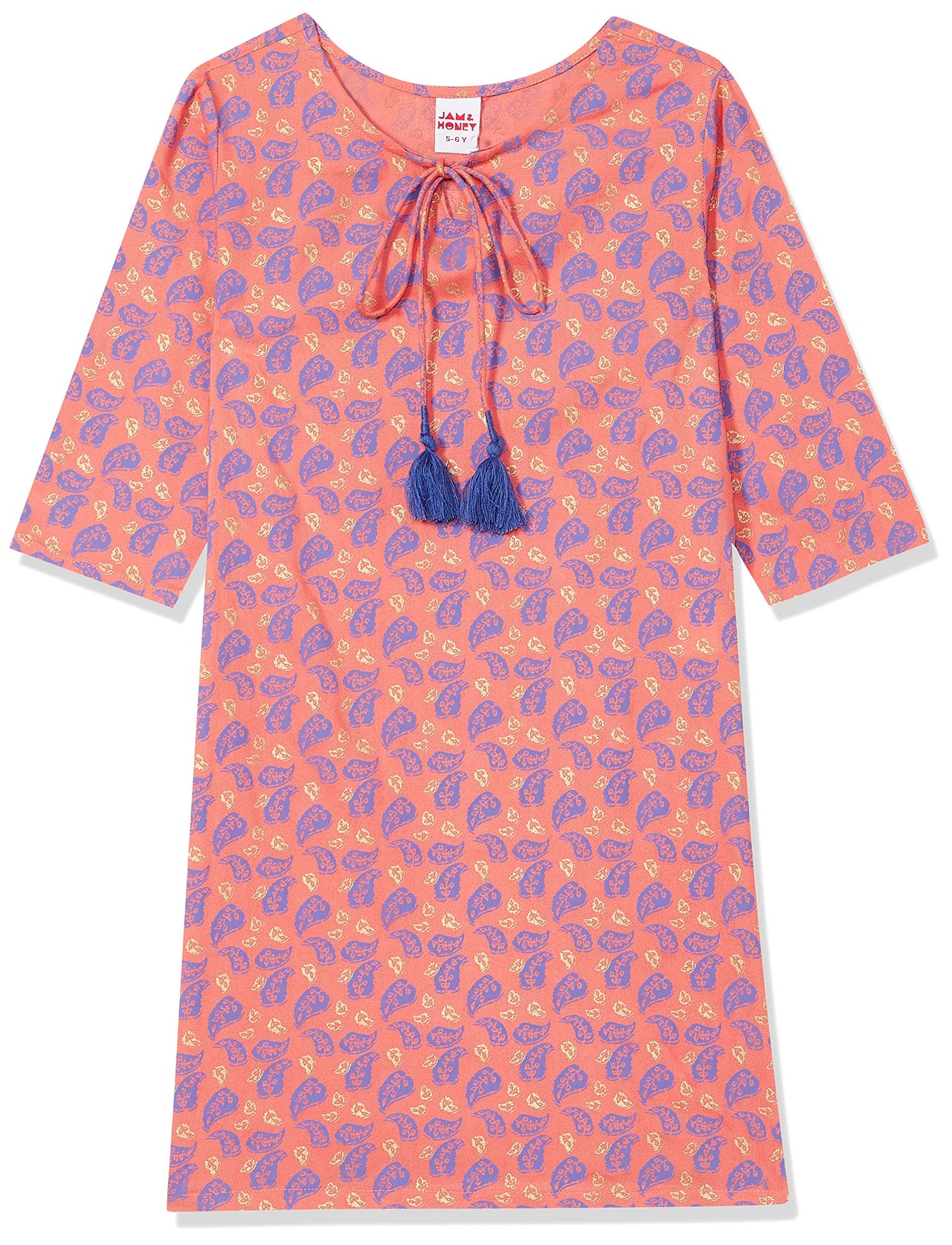 Amazon Brand - Jam & Honey Girl's Cotton Regular Short Kurti PEACH 2 2 Years-3 Years