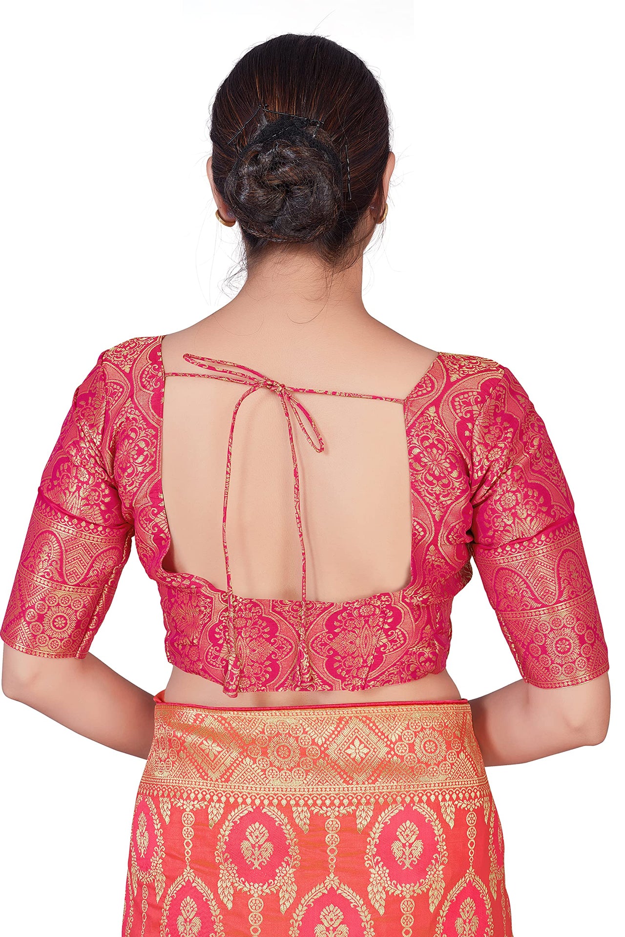 Monjolika Fashion Women's Banarasi Silk Peach Color Golden Zari Woven Saree With Separate Embellished And Unsttiched Blouse Piece