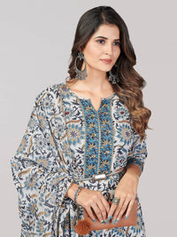 Vbuyz Women's Printed & Sequience & Gota Patti Anarkali Cotton Blend Blue Stitched Kurta Pant with Dupatta
