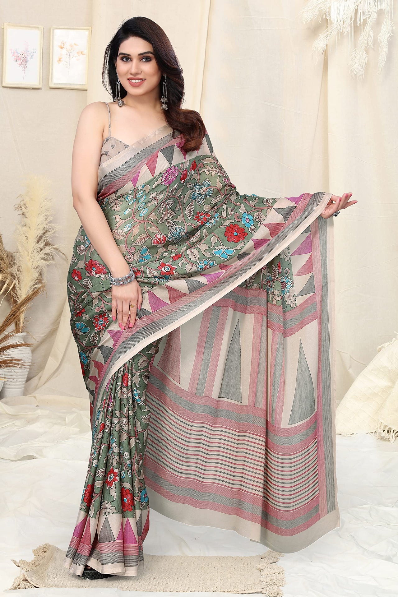 MIRCHI FASHION Women's Stylish Chiffon Floral and Geometric Printed Saree with Blouse Piece