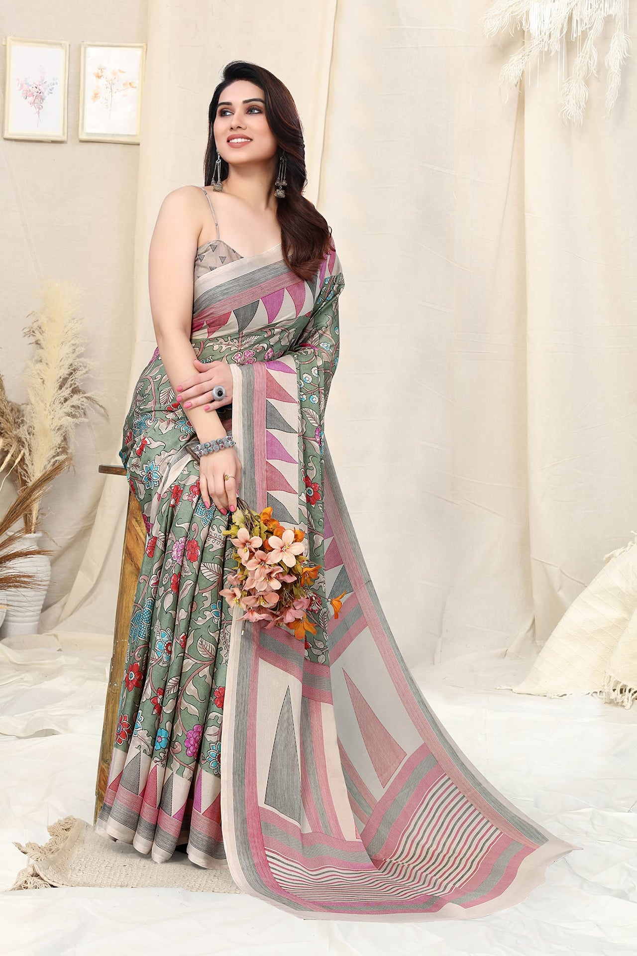 MIRCHI FASHION Women's Stylish Chiffon Floral and Geometric Printed Saree with Blouse Piece