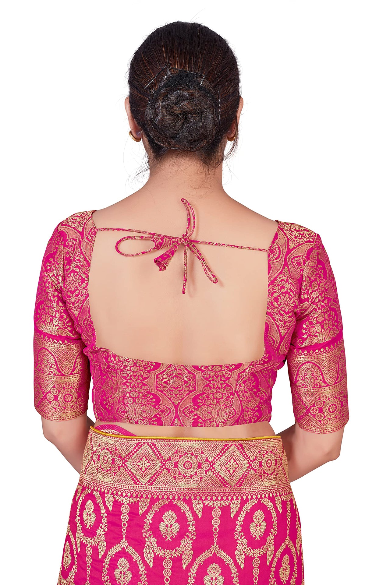 Monjolika Fashion Women's Banarasi Silk Peach Color Golden Zari Woven Saree With Separate Embellished And Unsttiched Blouse Piece