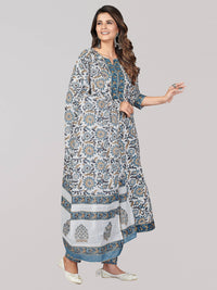 Vbuyz Women's Printed & Sequience & Gota Patti Anarkali Cotton Blend Blue Stitched Kurta Pant with Dupatta