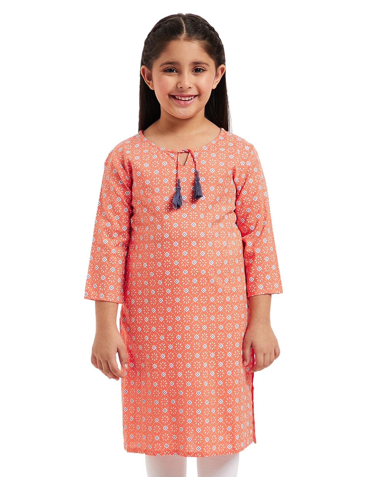 Amazon Brand - Jam & Honey Girl's Cotton Regular Short Kurti PEACH 2 2 Years-3 Years