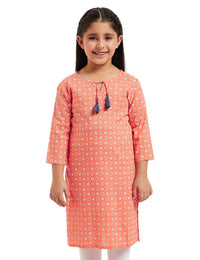 Amazon Brand - Jam & Honey Girl's Cotton Regular Short Kurti PEACH 2 2 Years-3 Years