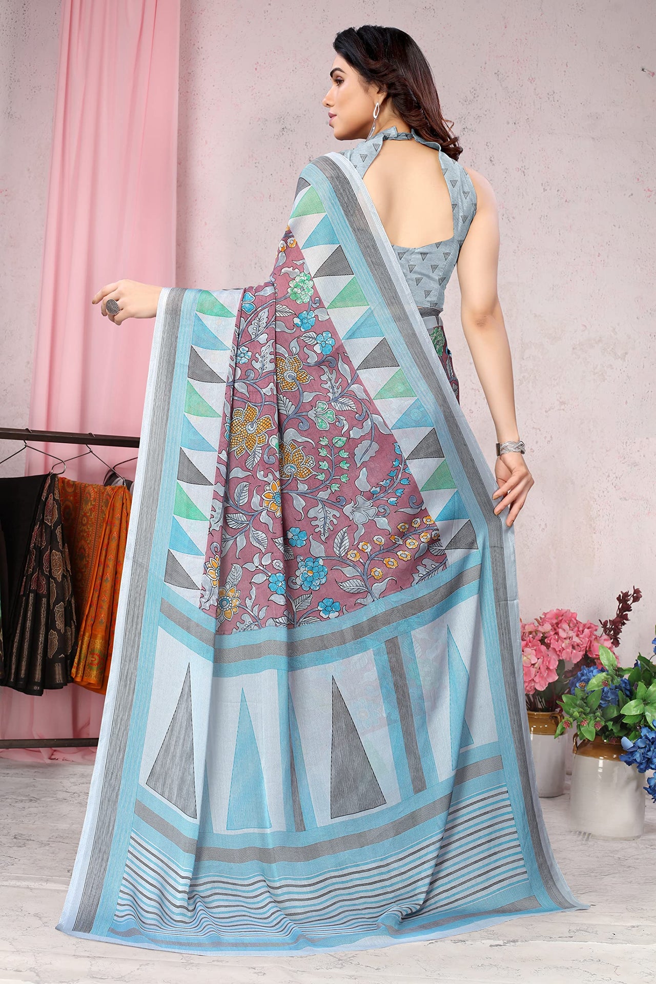 MIRCHI FASHION Women's Stylish Chiffon Floral and Geometric Printed Saree with Blouse Piece