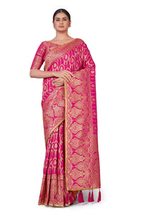 Monjolika Fashion Women's Banarasi Silk Peach Color Golden Zari Woven Saree With Separate Embellished And Unsttiched Blouse Piece