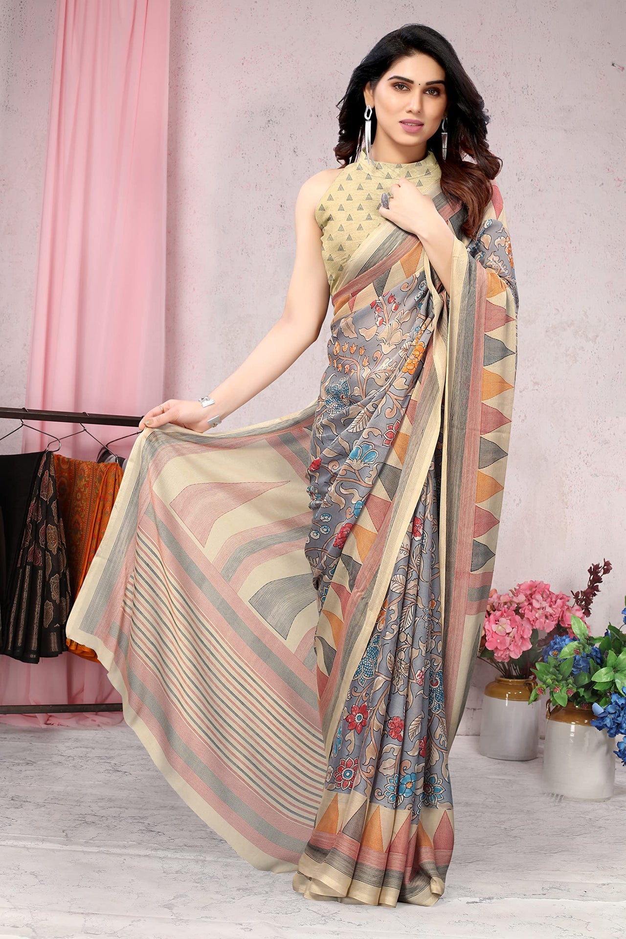 MIRCHI FASHION Women's Stylish Chiffon Floral and Geometric Printed Saree with Blouse Piece