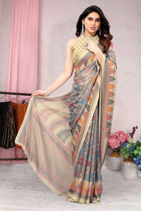MIRCHI FASHION Women's Stylish Chiffon Floral and Geometric Printed Saree with Blouse Piece