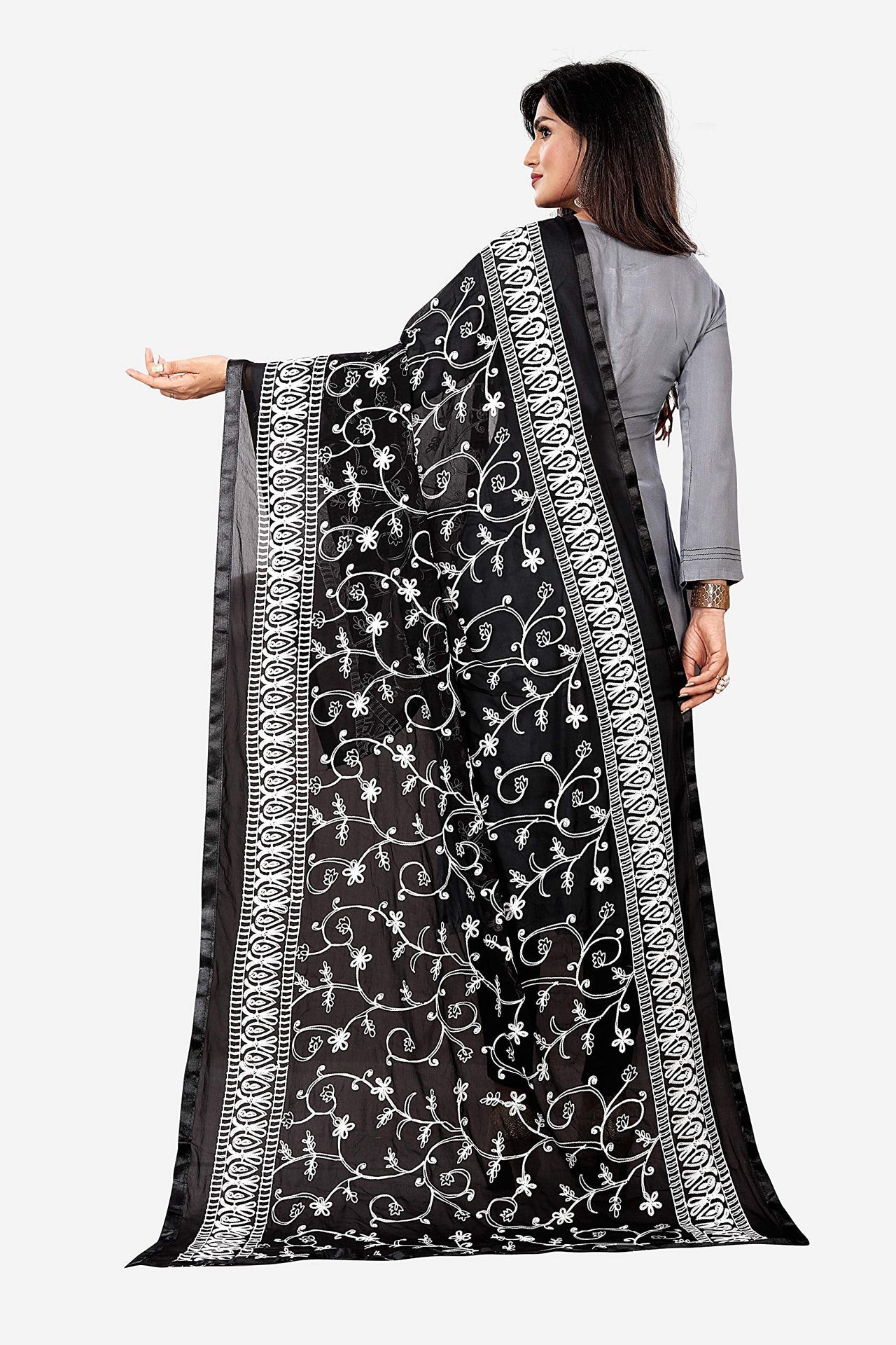 AKSHAR LLC Miss India Women's Chiffon Dupatta With Karachi Embroidery Work