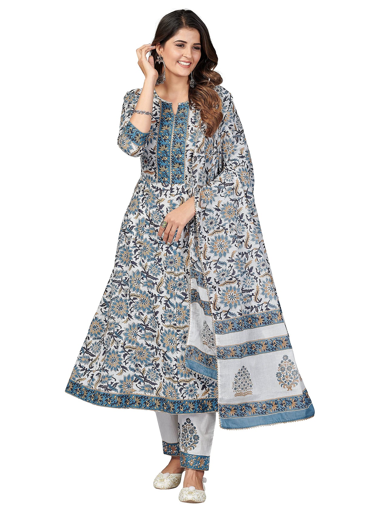 Vbuyz Women's Printed & Sequience & Gota Patti Anarkali Cotton Blend Blue Stitched Kurta Pant with Dupatta