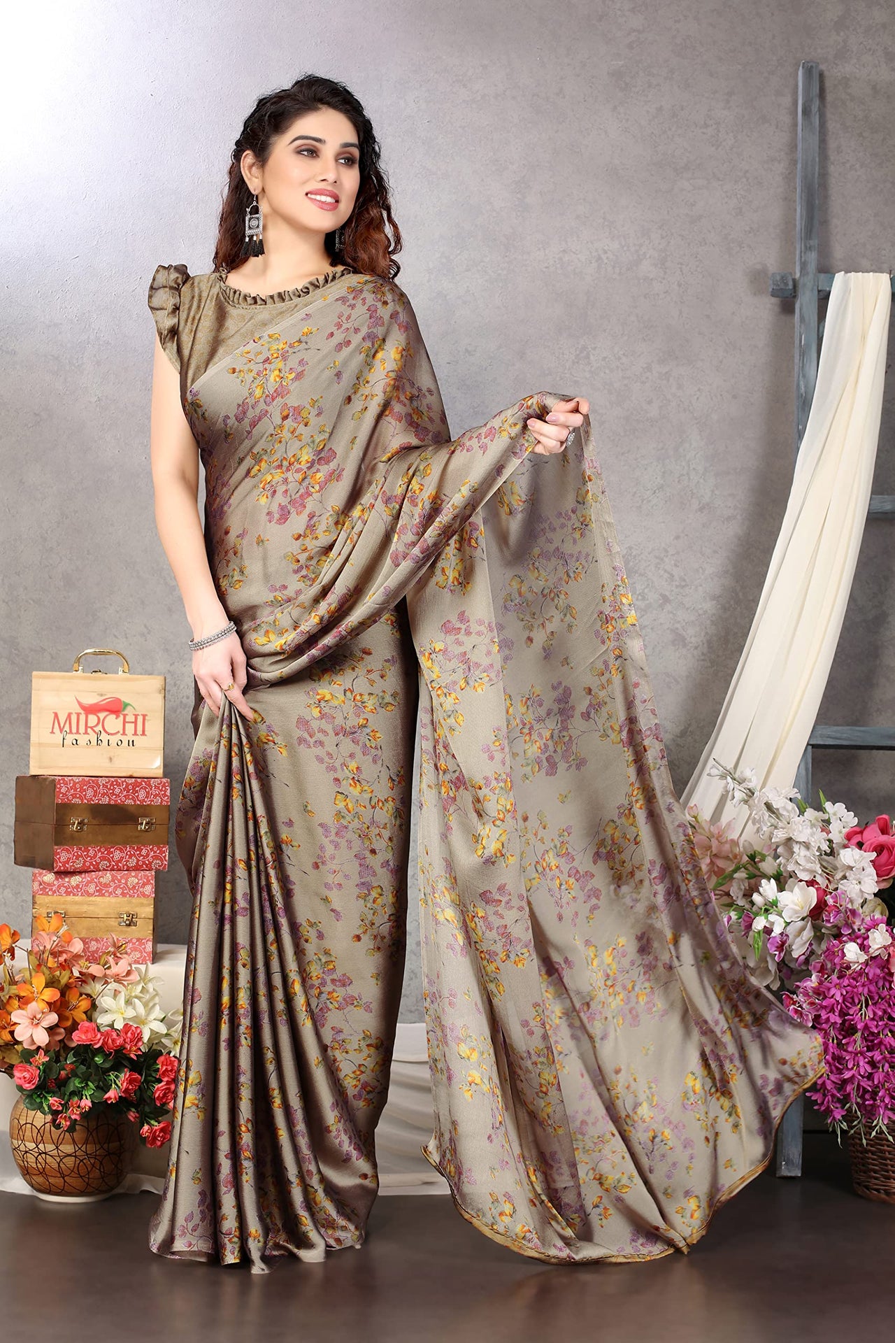 MIRCHI FASHION Women's Stylish Chiffon Floral Printed Saree with Blouse Piece