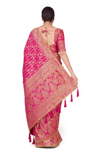 Monjolika Fashion Women's Banarasi Silk Peach Color Golden Zari Woven Saree With Separate Embellished And Unsttiched Blouse Piece