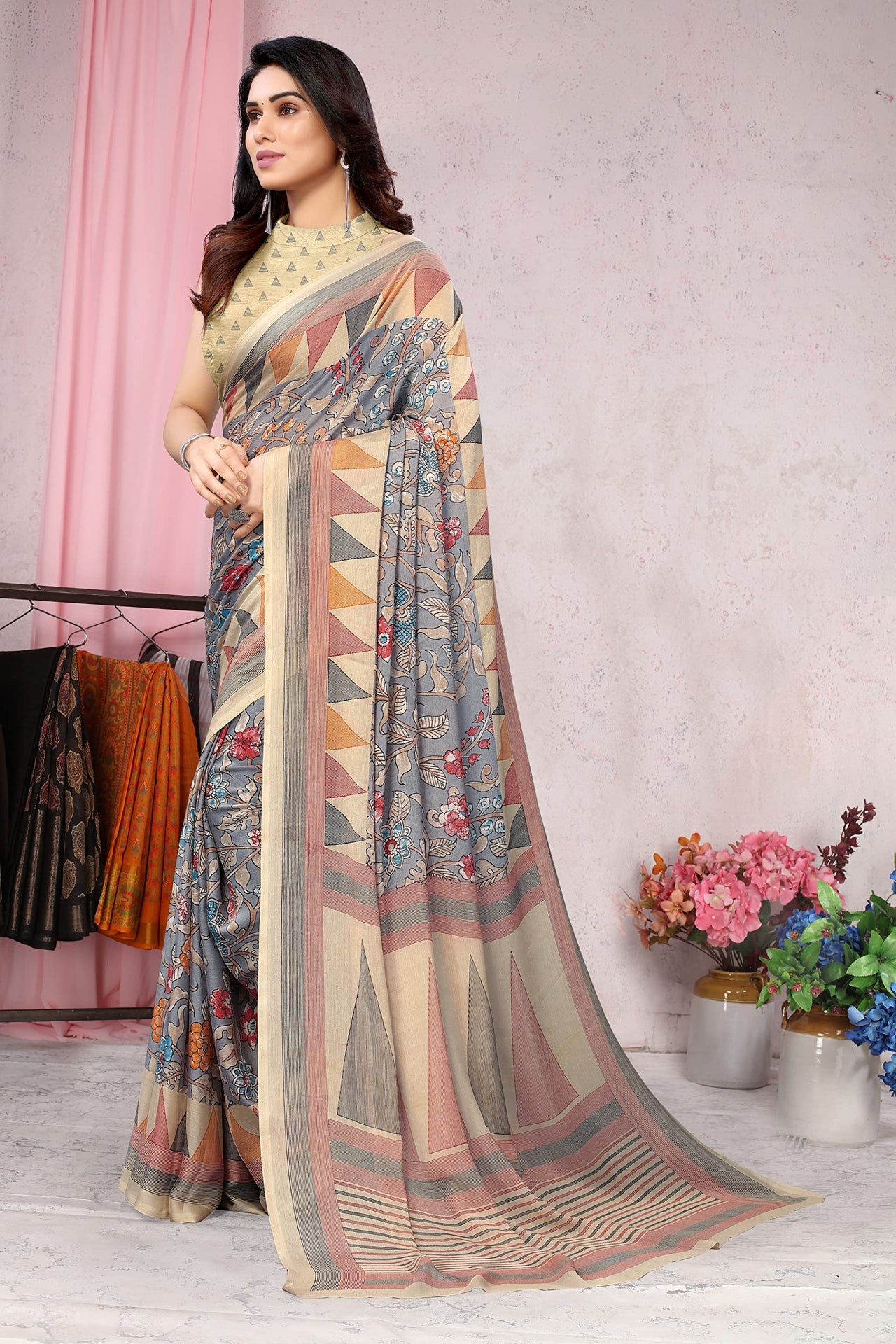 MIRCHI FASHION Women's Stylish Chiffon Floral and Geometric Printed Saree with Blouse Piece