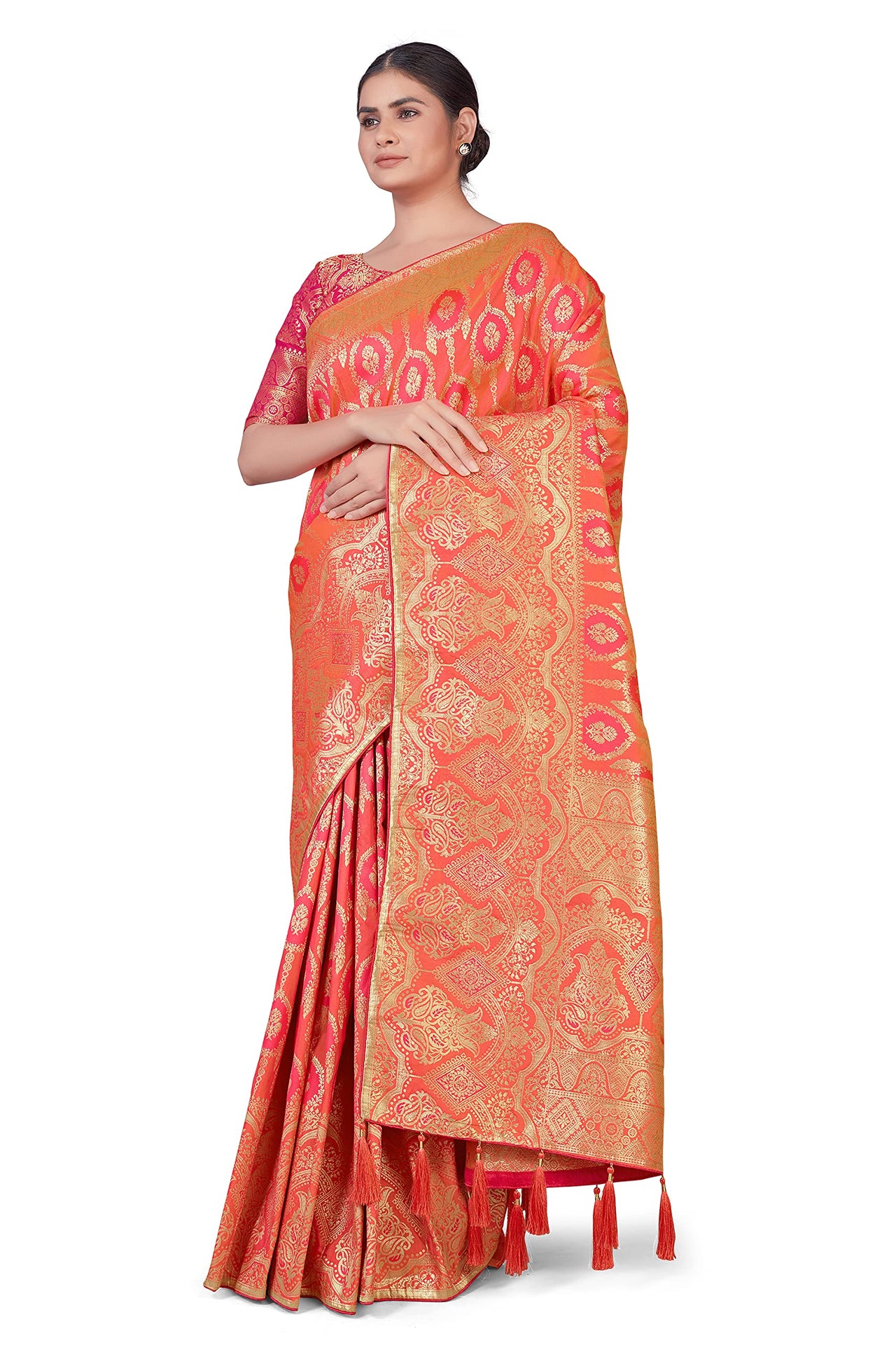 Monjolika Fashion Women's Banarasi Silk Peach Color Golden Zari Woven Saree With Separate Embellished And Unsttiched Blouse Piece