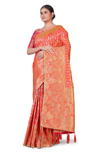 Monjolika Fashion Women's Banarasi Silk Peach Color Golden Zari Woven Saree With Separate Embellished And Unsttiched Blouse Piece
