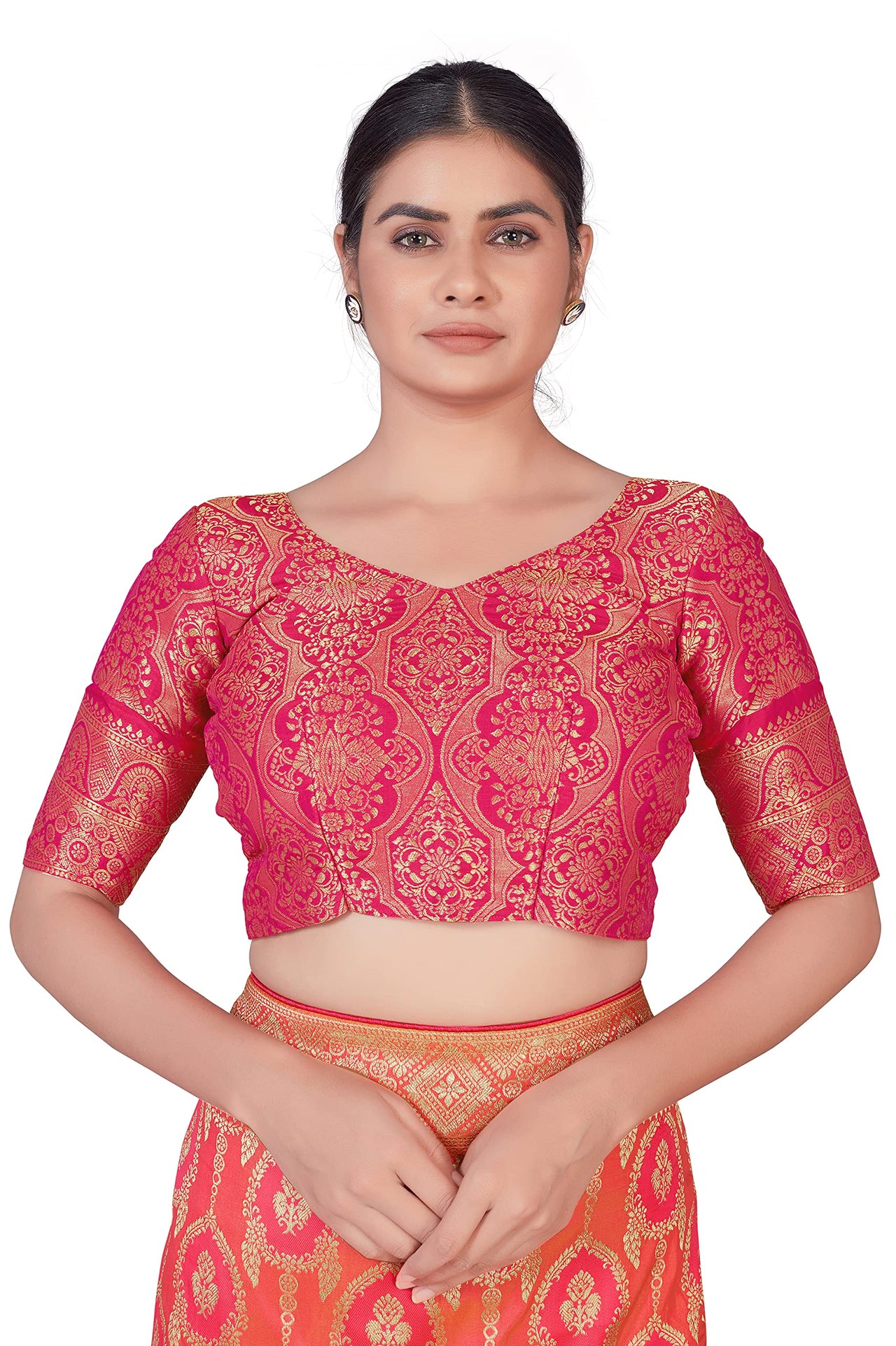 Monjolika Fashion Women's Banarasi Silk Peach Color Golden Zari Woven Saree With Separate Embellished And Unsttiched Blouse Piece