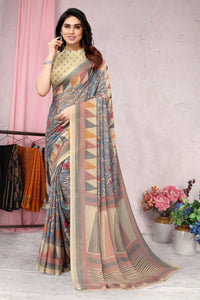 MIRCHI FASHION Women's Stylish Chiffon Floral and Geometric Printed Saree with Blouse Piece