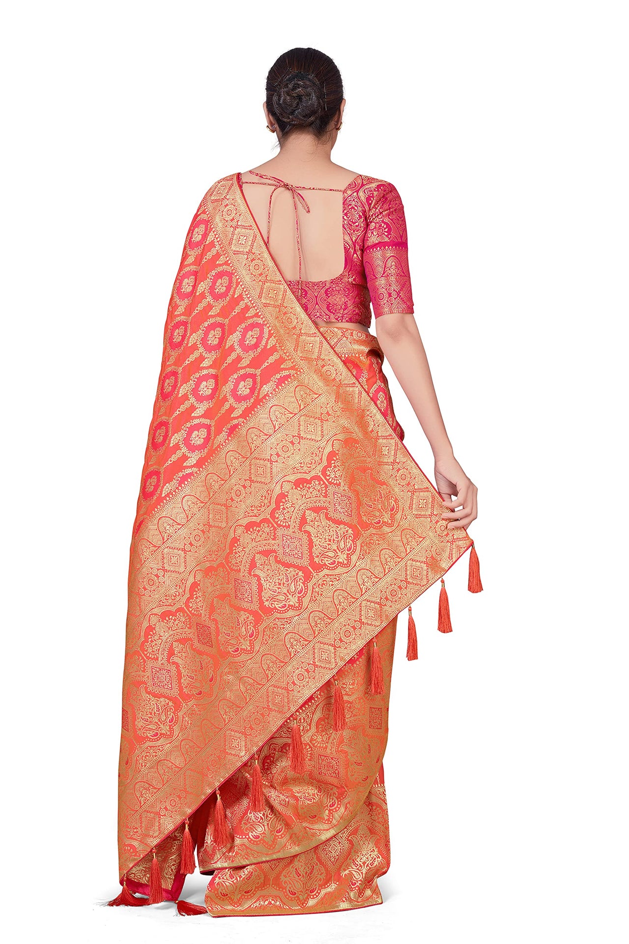 Monjolika Fashion Women's Banarasi Silk Peach Color Golden Zari Woven Saree With Separate Embellished And Unsttiched Blouse Piece