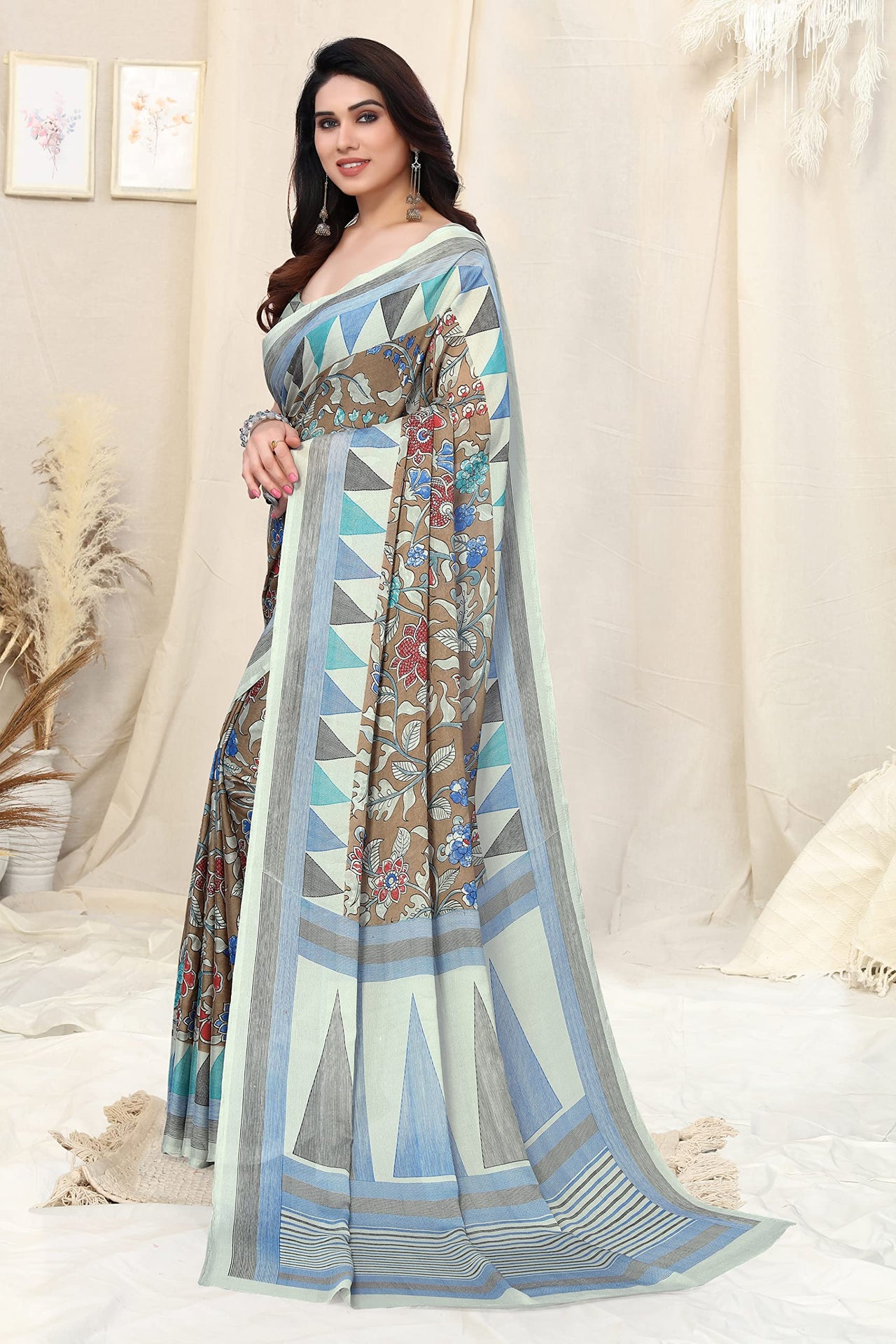 MIRCHI FASHION Women's Stylish Chiffon Floral and Geometric Printed Saree with Blouse Piece