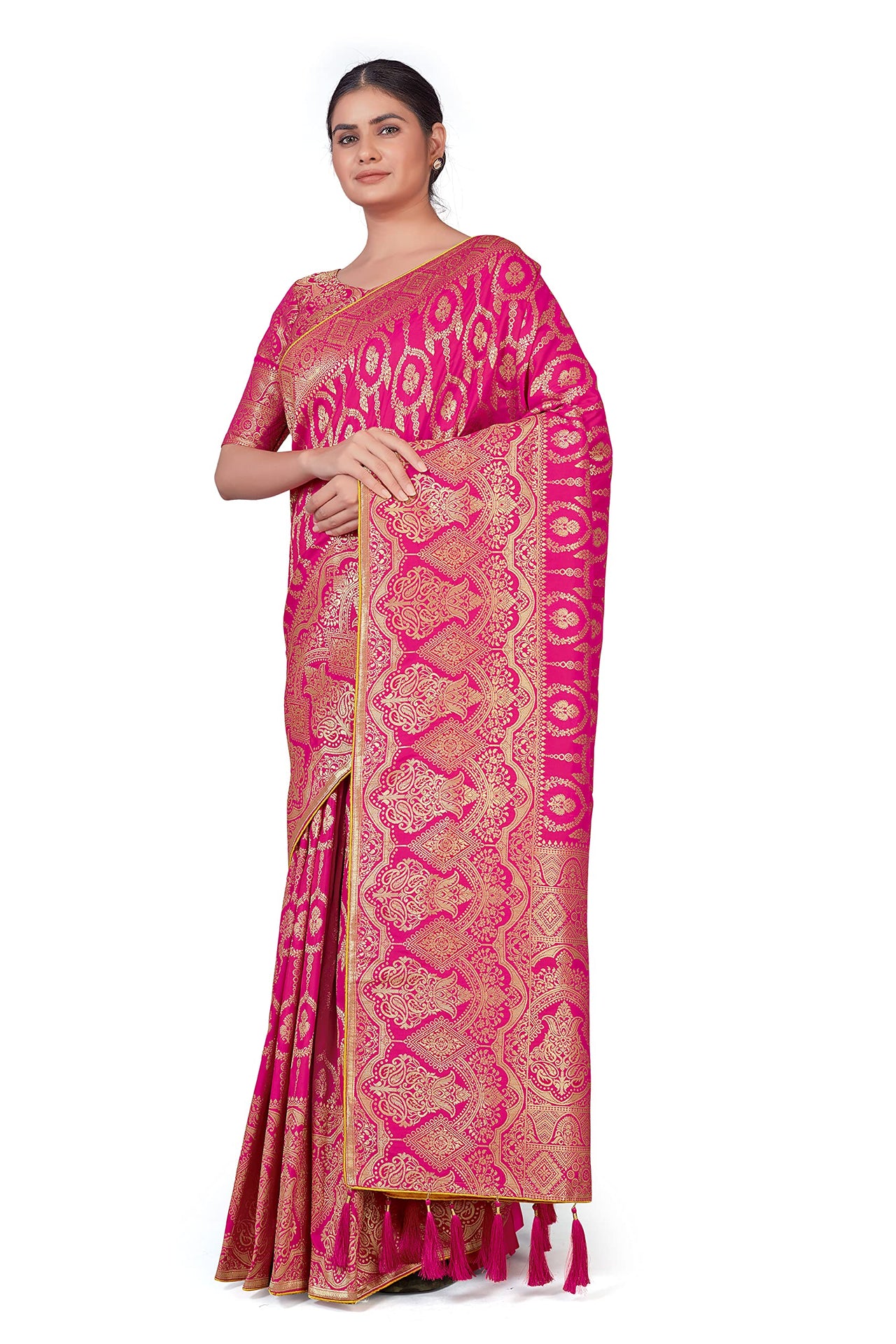 Monjolika Fashion Women's Banarasi Silk Peach Color Golden Zari Woven Saree With Separate Embellished And Unsttiched Blouse Piece