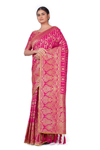Monjolika Fashion Women's Banarasi Silk Peach Color Golden Zari Woven Saree With Separate Embellished And Unsttiched Blouse Piece